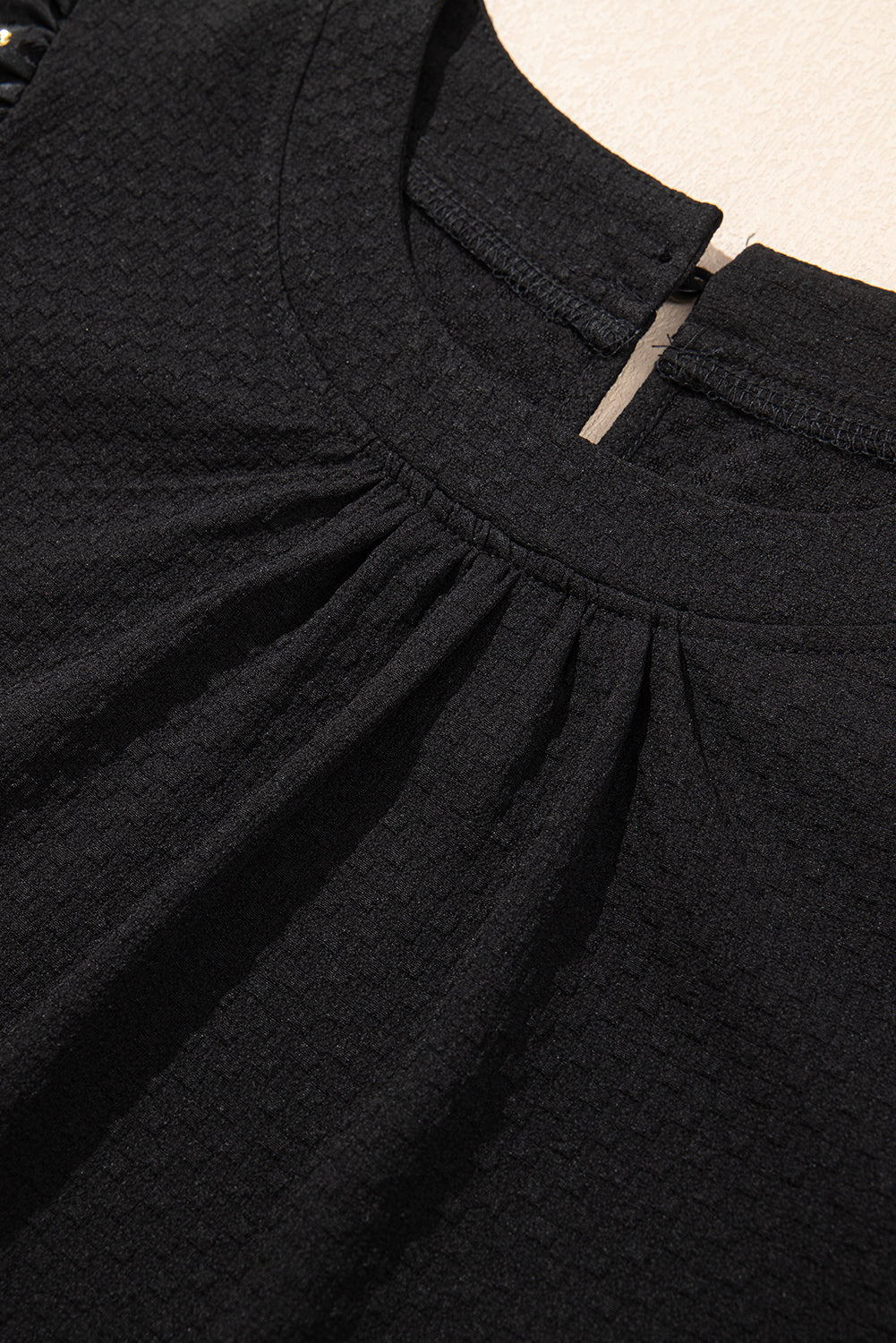 Black Feather Bubble Sleeve Patchwork Textured Blouse #4