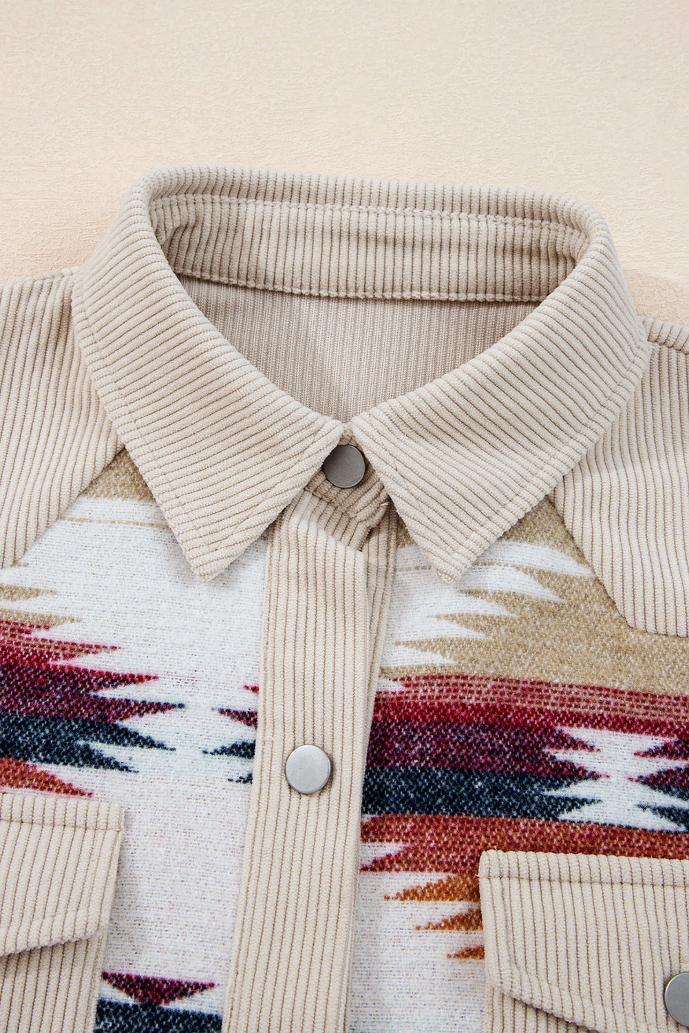 Multicolour Western Aztec Striped Patchwork Double Flap Pocket Raw Hem Shacket #22