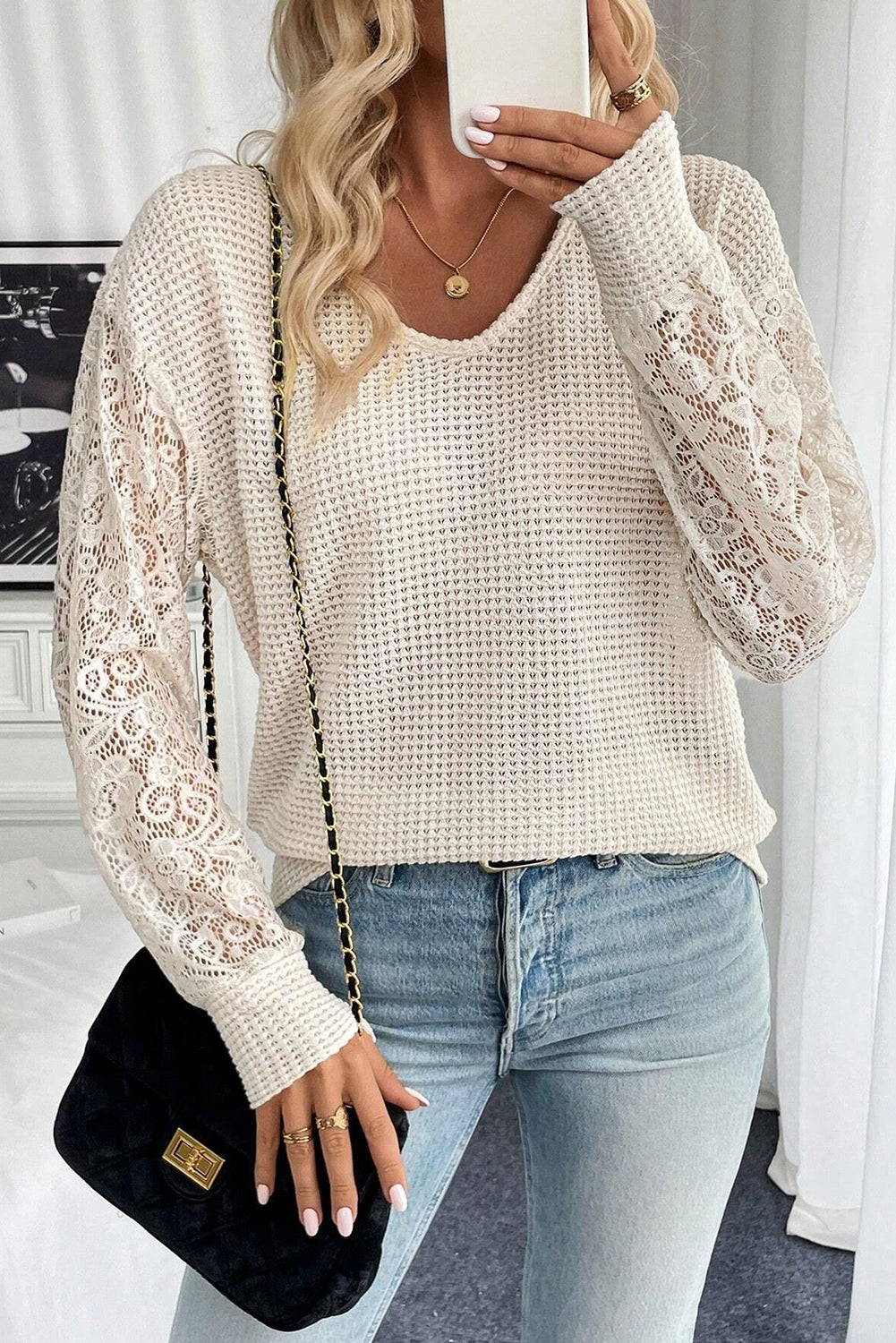 Beige V Neck Breathable Knit Drop Shoulder Lace Sleeve Patchwork Top #138