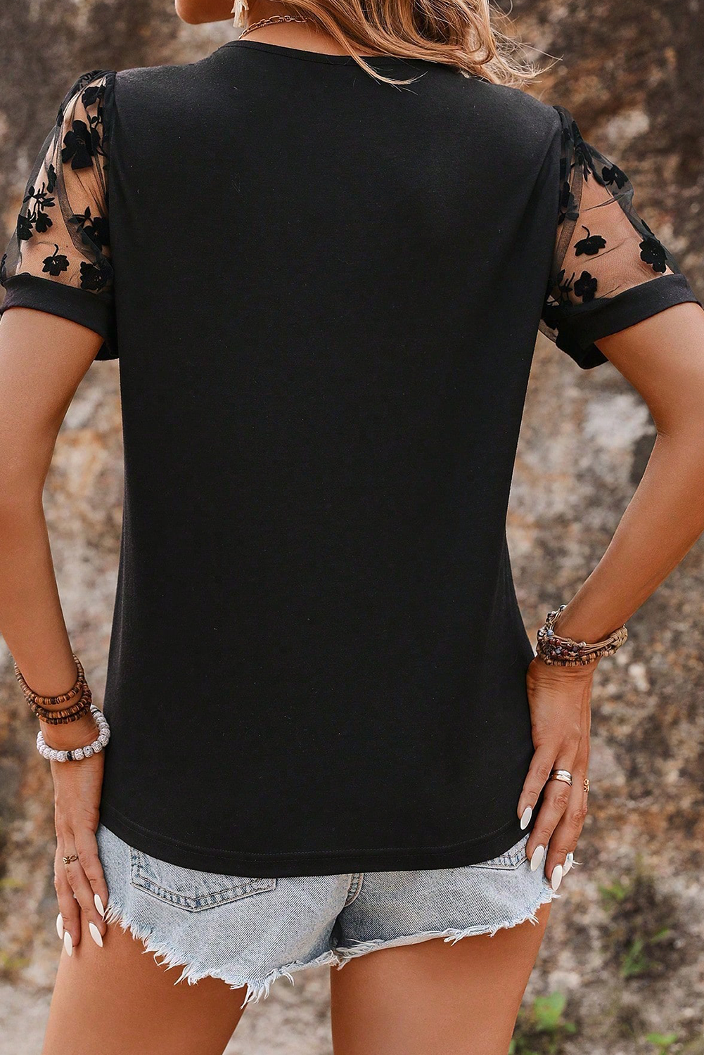 Black Floral Mesh Patchwork Loose V Neck Plus Size T Shirt #260