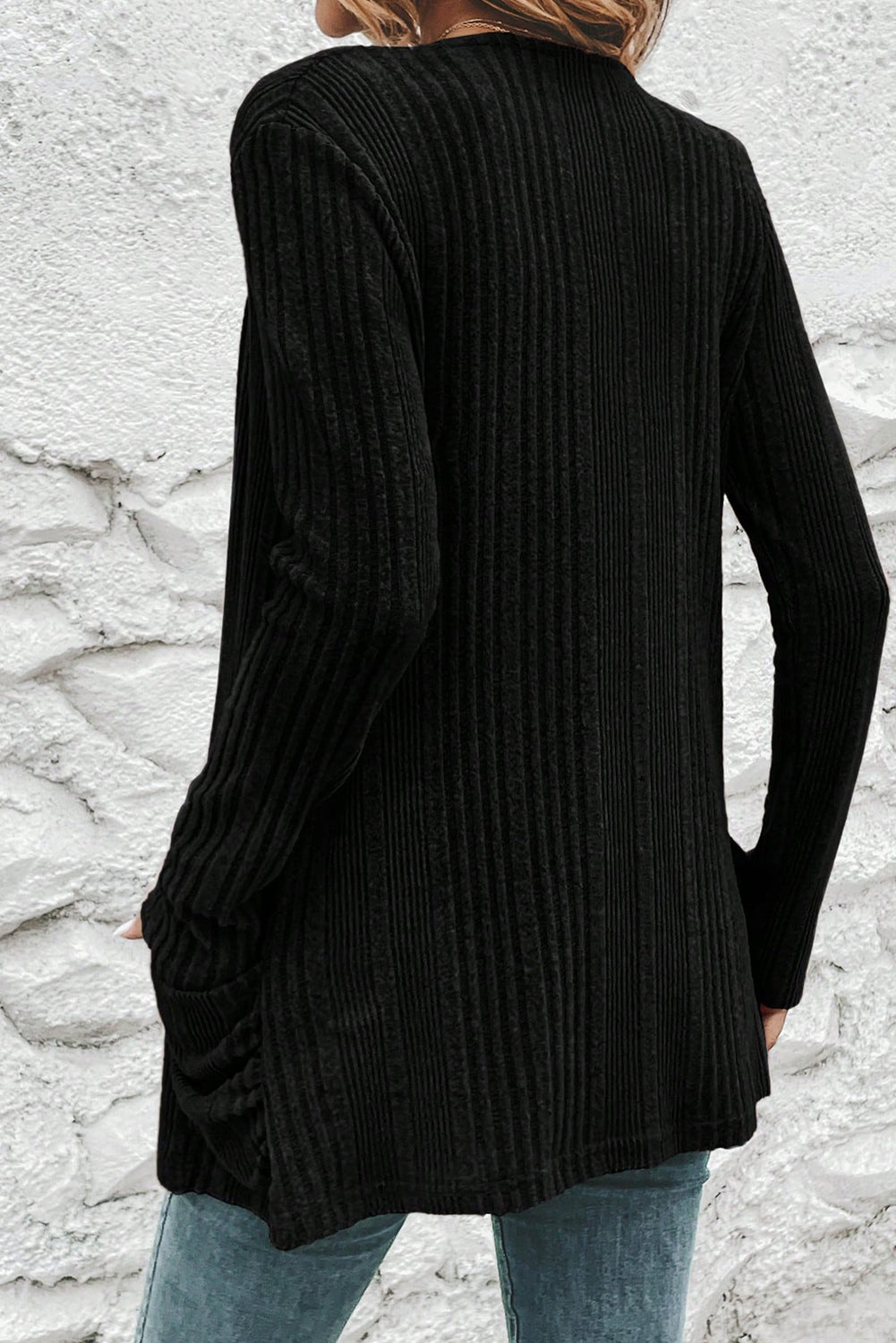 Black Ribbed Open Front Knitted Top with Pockets #133
