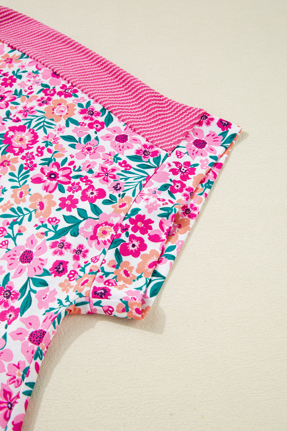 Pink Plus Size Floral Print Corded Patchwork Loose Top #268