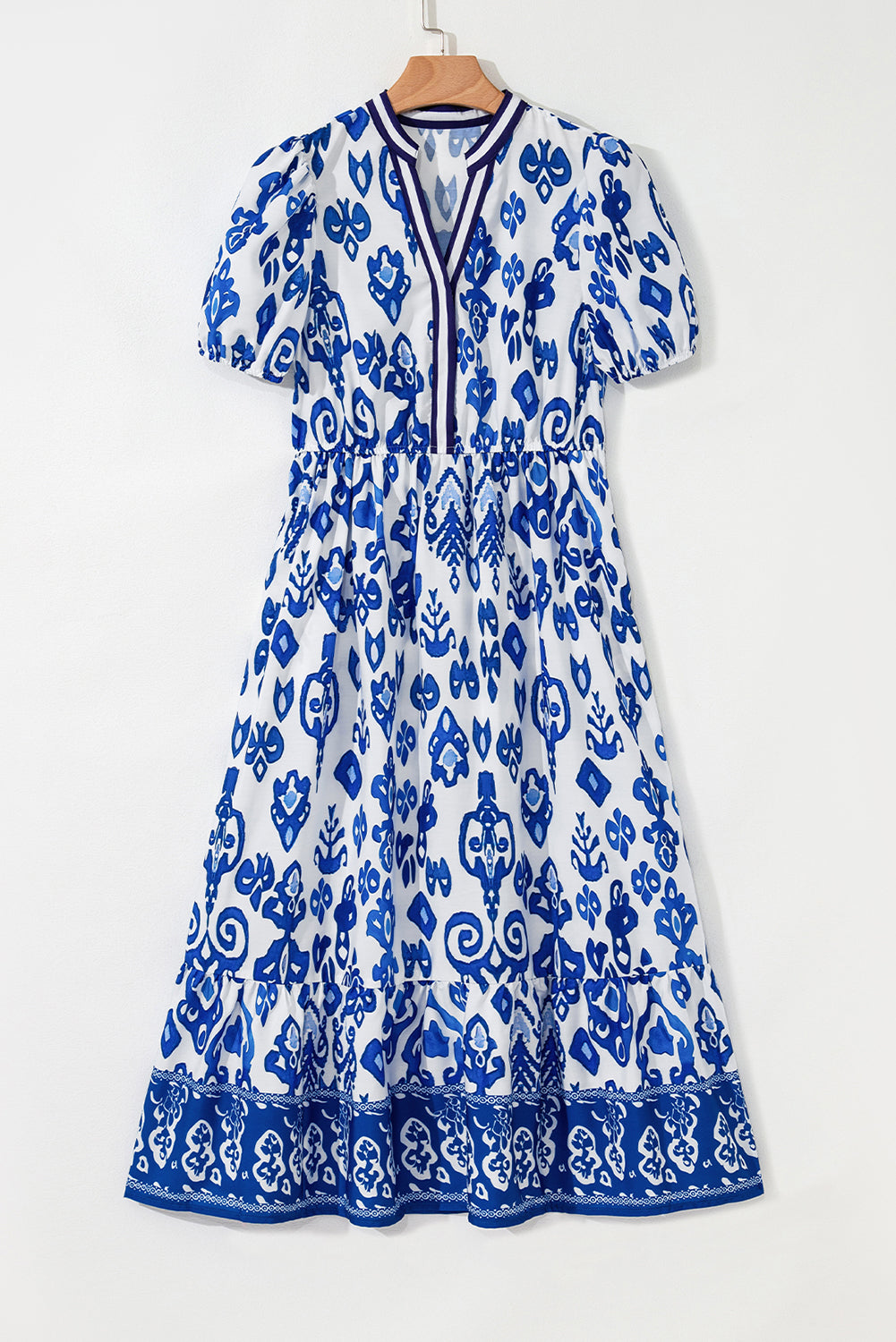 Blue Floral Puff Short Sleeve V Neck High Waist Maxi Dress #15