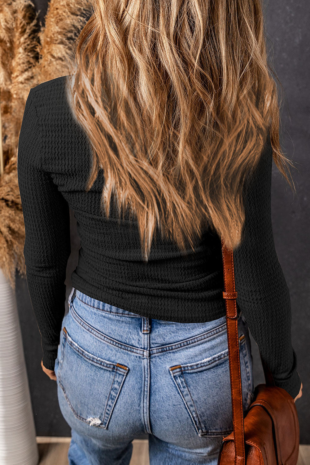 Textured Twist Front V Neck Long Sleeve Slim Solid Color Top #130