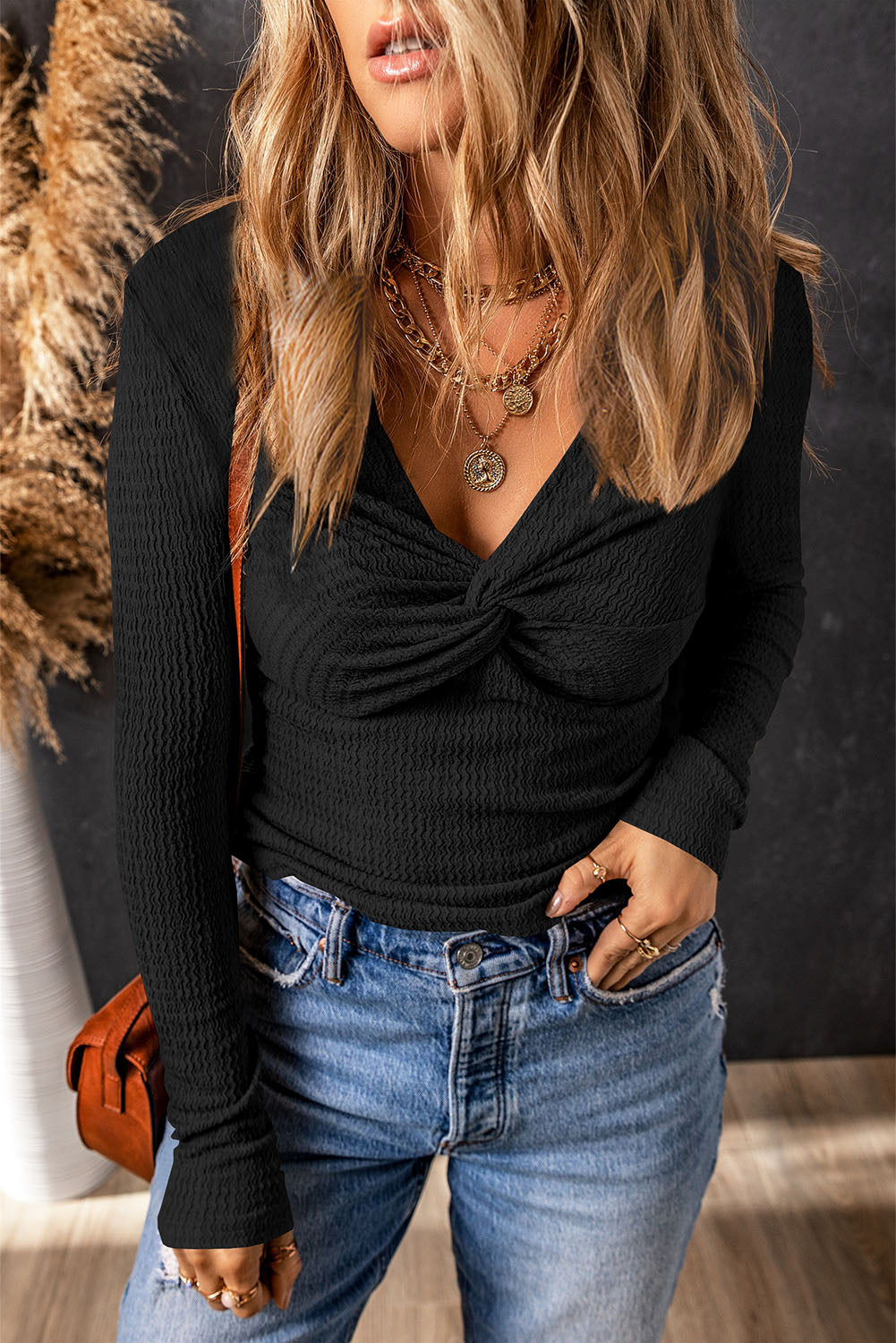 Textured Twist Front V Neck Long Sleeve Slim Solid Color Top #130