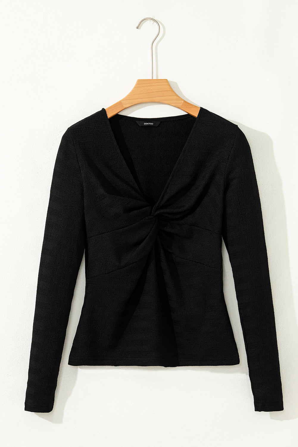 Textured Twist Front V Neck Long Sleeve Slim Solid Color Top #130