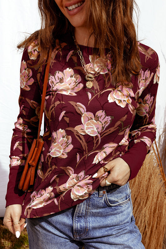 Red Floral Print Waffle Textured Long Sleeve Top #125