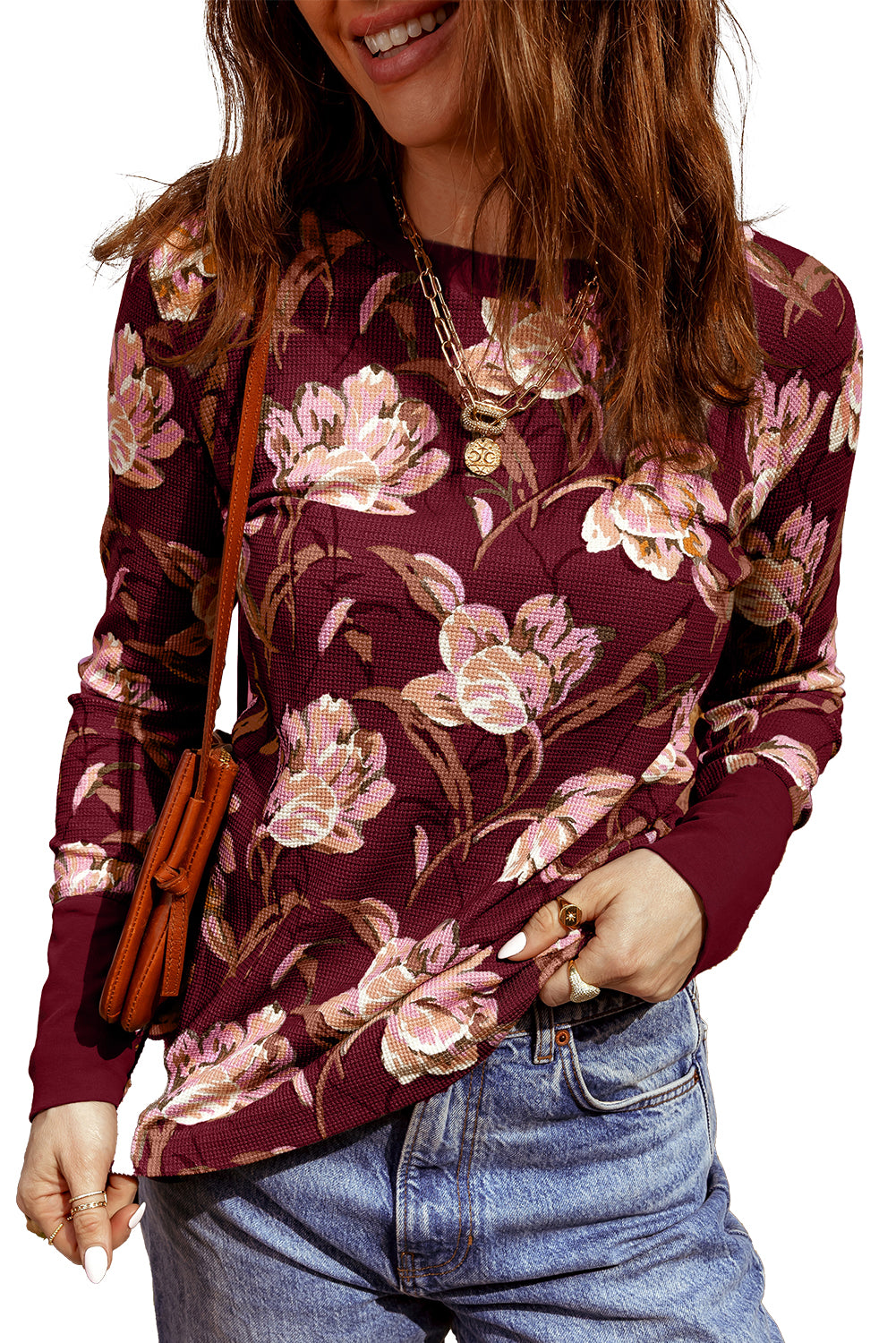 Red Floral Print Waffle Textured Long Sleeve Top #125