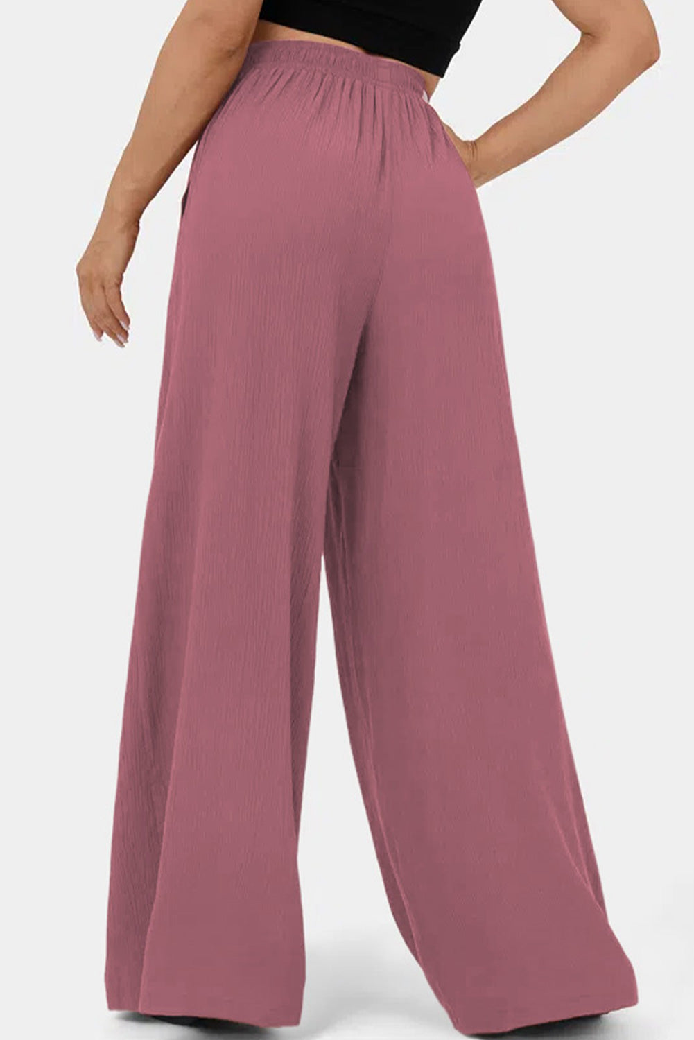 High Waisted Tie Front Side Pocket Wide Leg Flowy Casual Pants #117