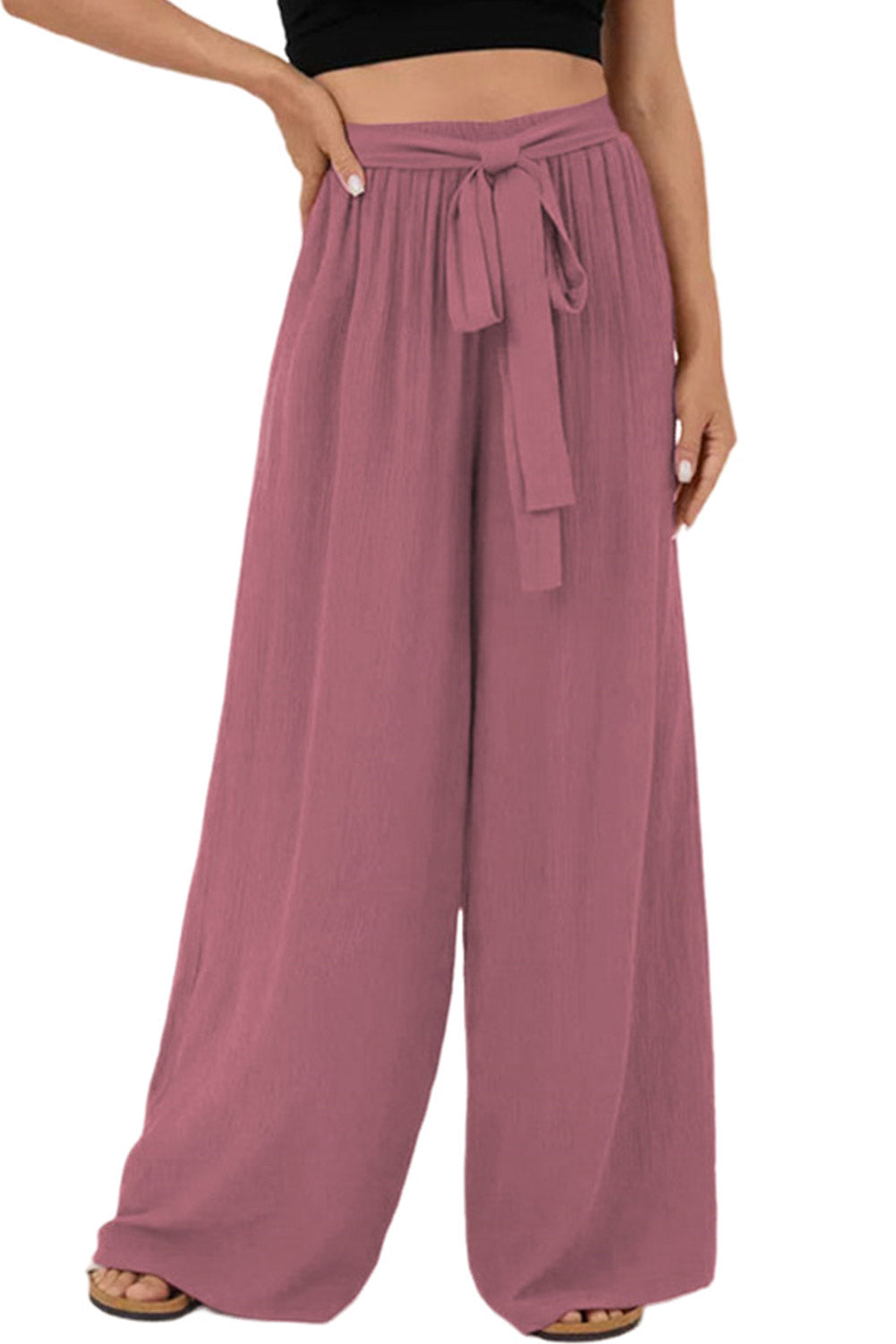 High Waisted Tie Front Side Pocket Wide Leg Flowy Casual Pants #117