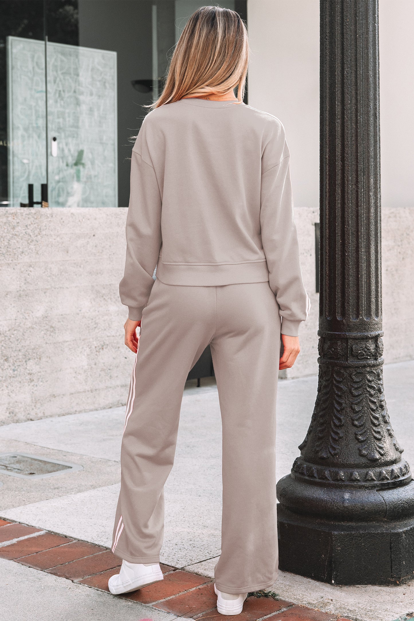 Gray Morn Varsity Striped Detail Crewneck Pullover Elastic Sweatpants 2pcs Outfit #131