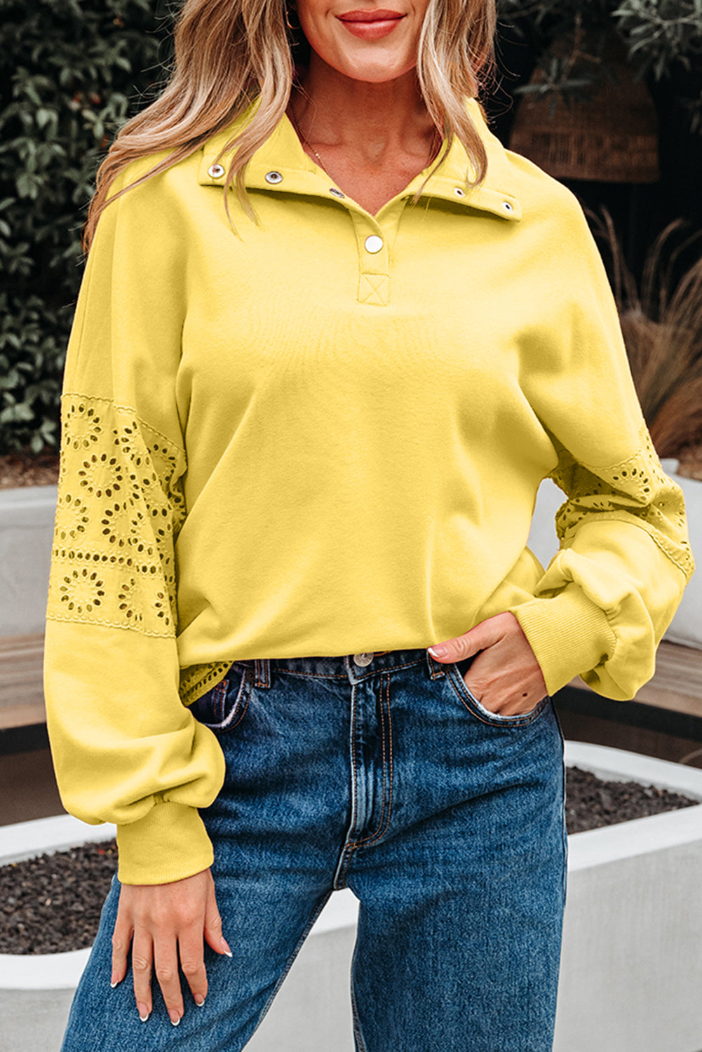 Yellow Cream Embroidered Flower Patchwork Snap Buttons Pullover Sweatshirt #116