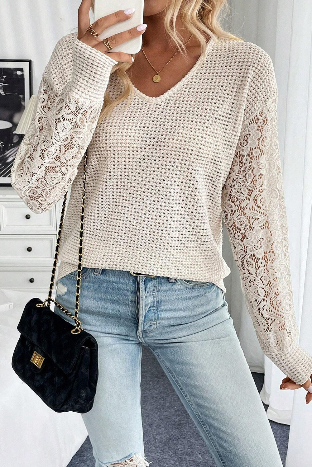 Beige V Neck Breathable Knit Drop Shoulder Lace Sleeve Patchwork Top #138
