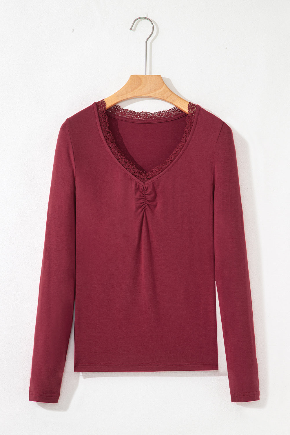 Red Dahlia Lace-trimmed Sweetheart Neckline Ruched Detail Long Sleeve T-shirt #129