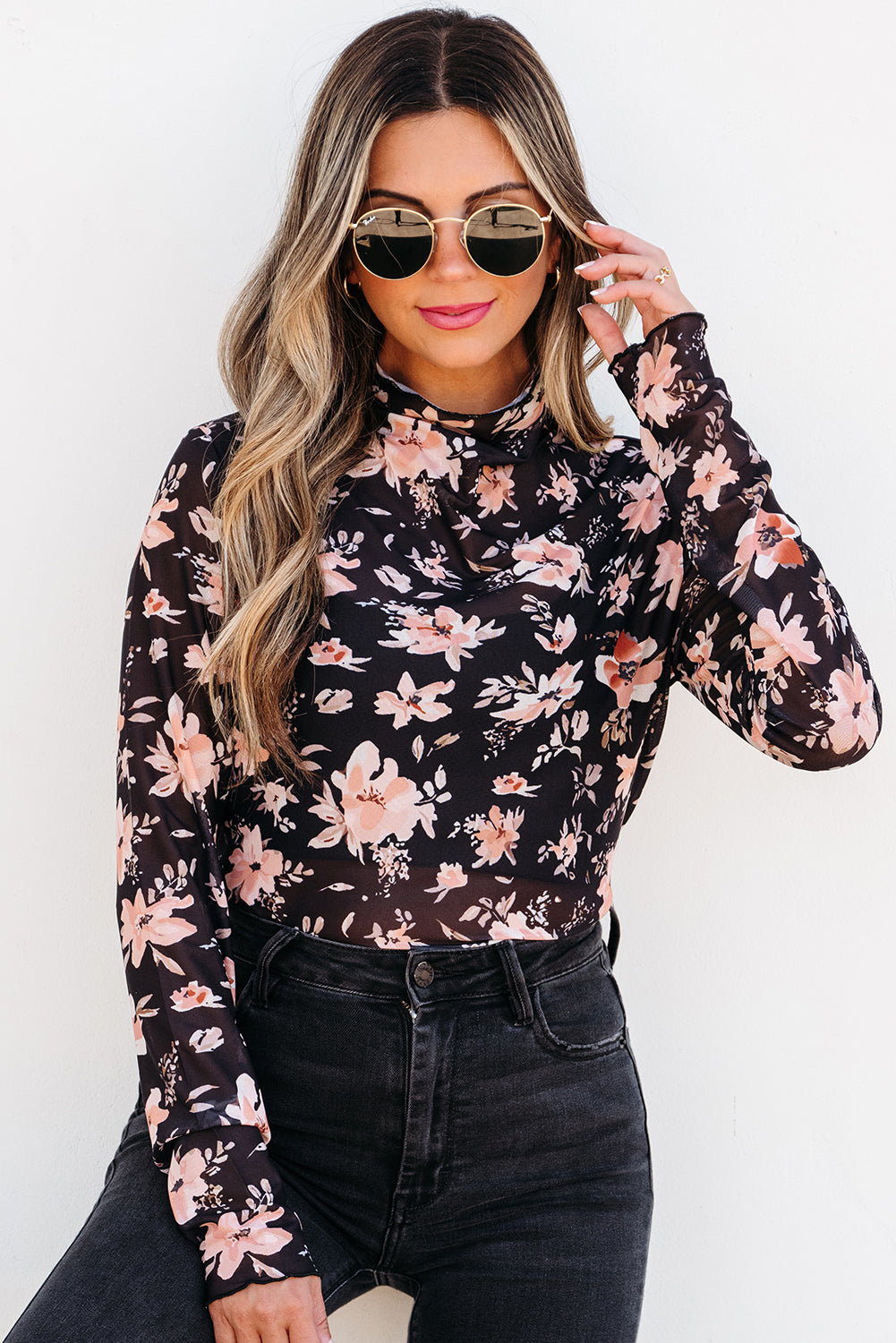 Black Floral Mesh Mock Neck Long Sleeve Slim Fit Top #114