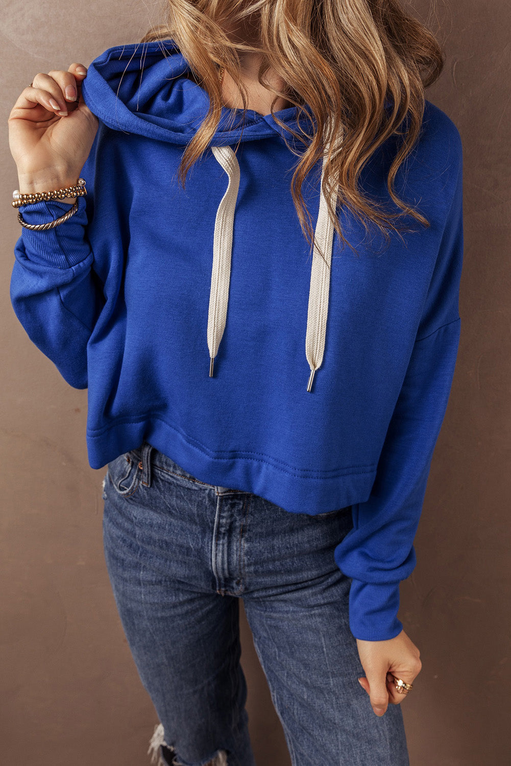 Dark Blue Solid Drop Shoulder Drawstring Cropped Hoodie #105