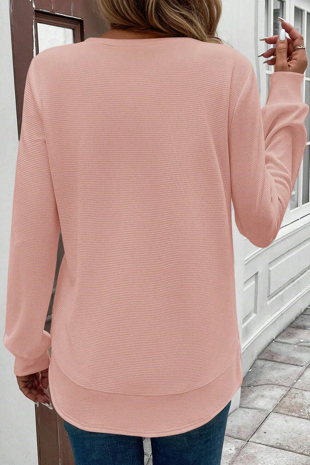Gossamer Pink Rounded Hem Waffle Long Sleeve Top #124