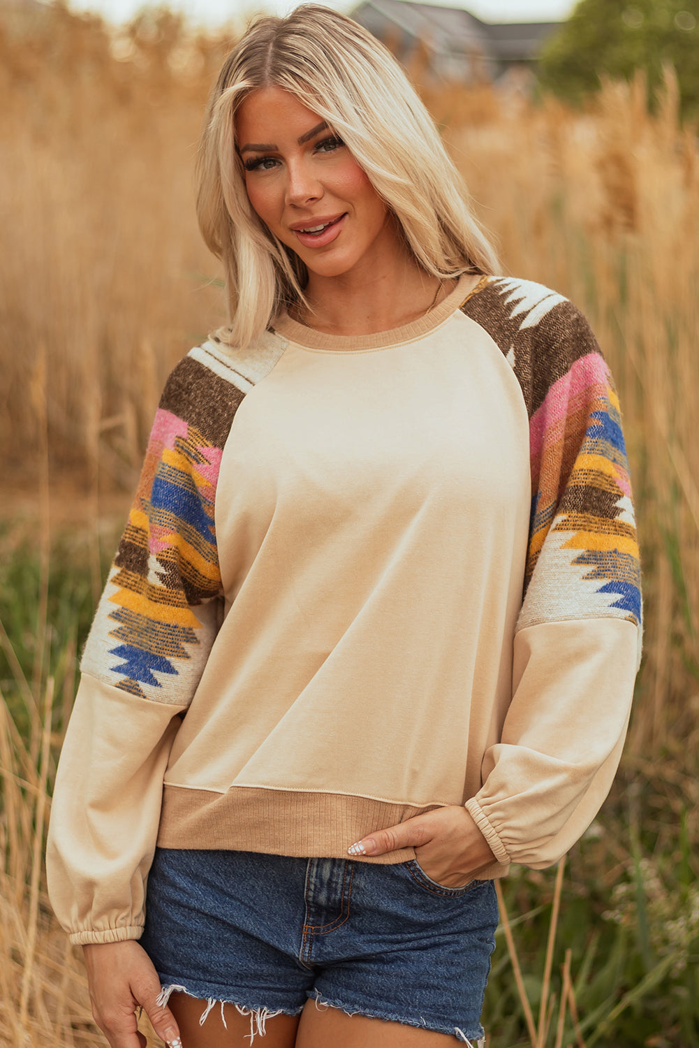 Light French Beige Aztec Patchwork Raglan Pullover Sweatshirt #120