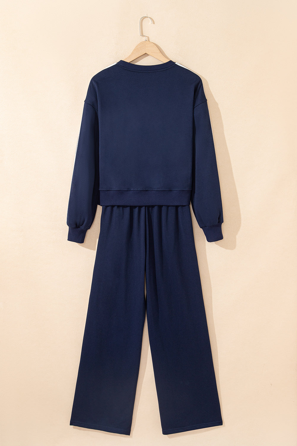 Dirty blue Varsity Striped Detail Crewneck Pullover Elastic Sweatpants 2pcs Outfit #131