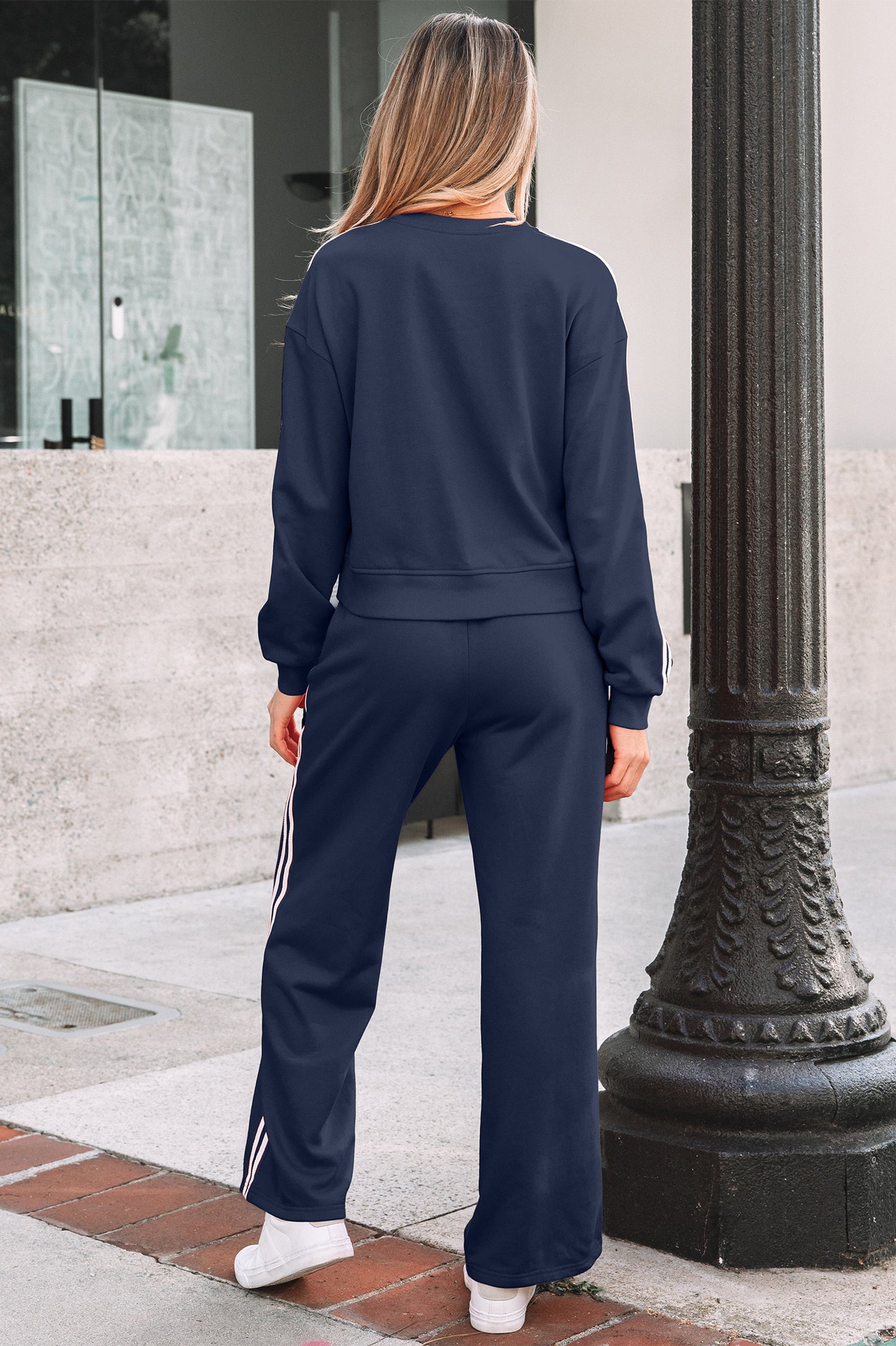 Dirty blue Varsity Striped Detail Crewneck Pullover Elastic Sweatpants 2pcs Outfit #131