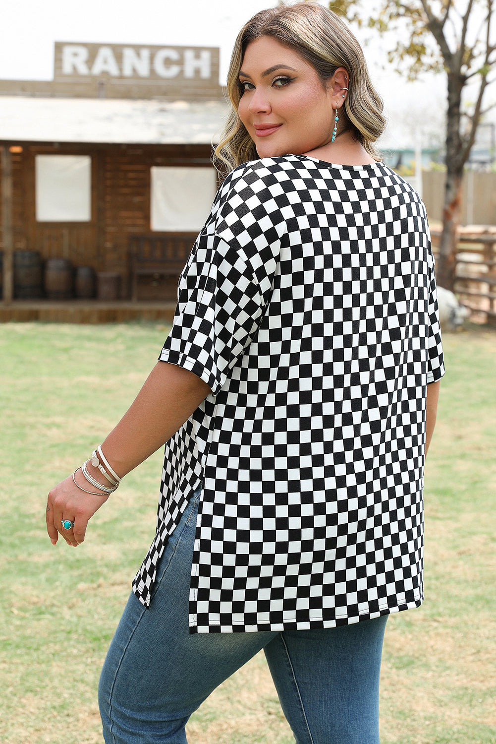 Black Checkered Print Side Slits O Neck Plus Size T Shirt #253