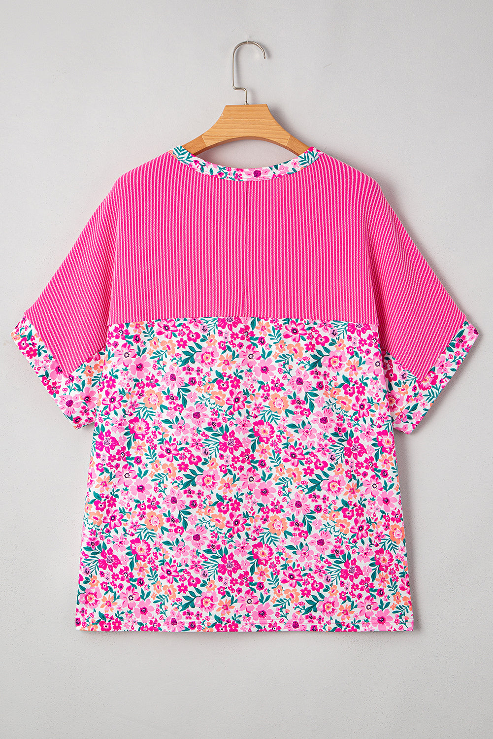 Pink Plus Size Floral Print Corded Patchwork Loose Top #268