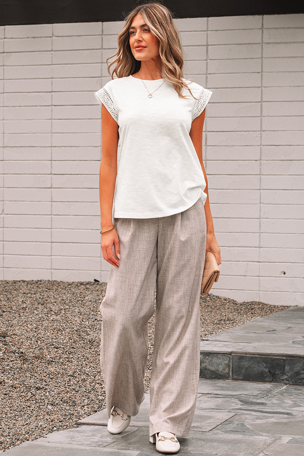 White Lace Patchwork Cap Sleeve Round Neck T Shirt #267