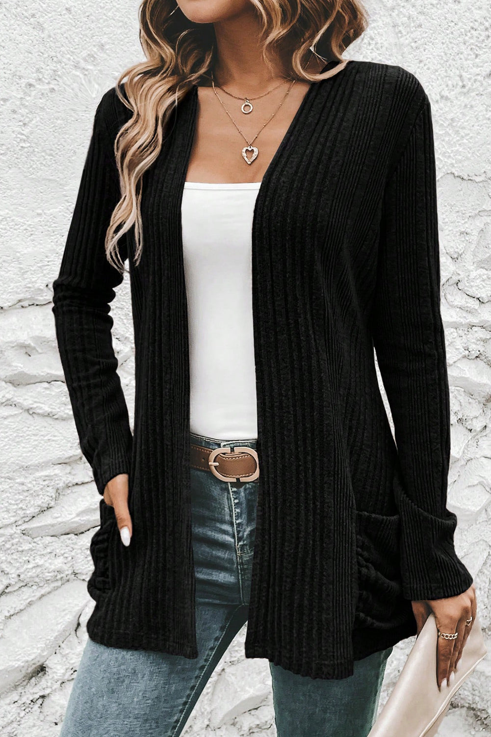 Black Ribbed Open Front Knitted Top with Pockets #133