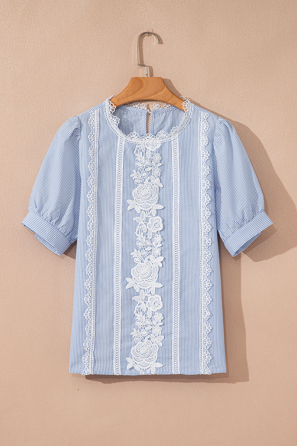 Sky Blue Stripe Floral Lace Splicing Puff Sleeve Blouse #3