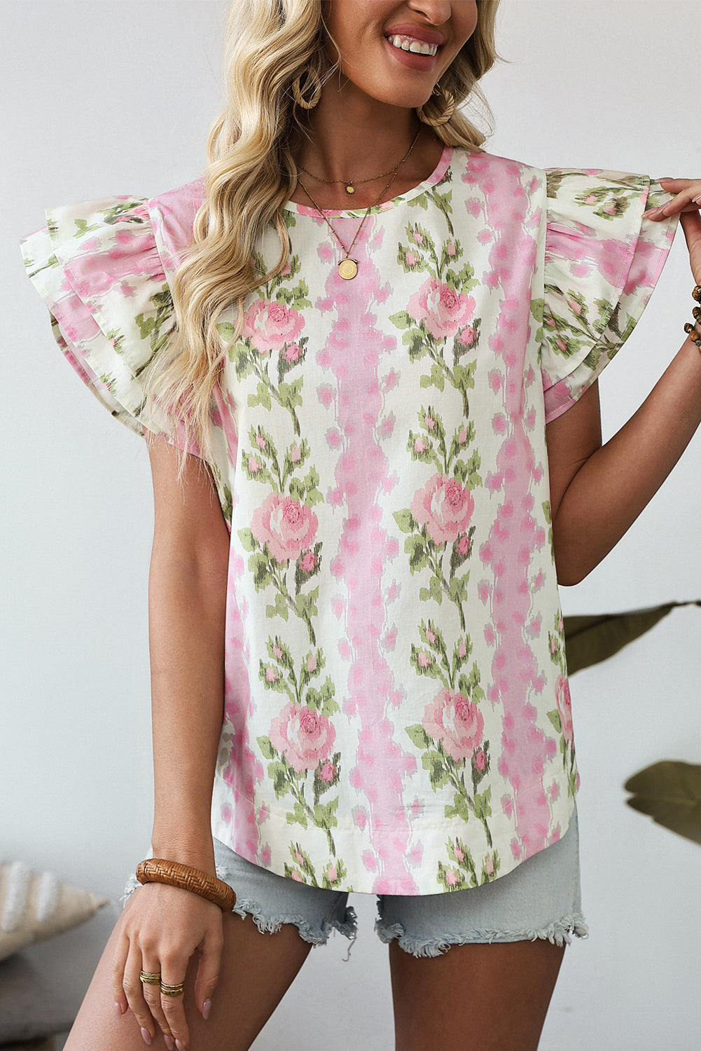 Pink Floral Print Ruffled Sleeve Summer Top #5