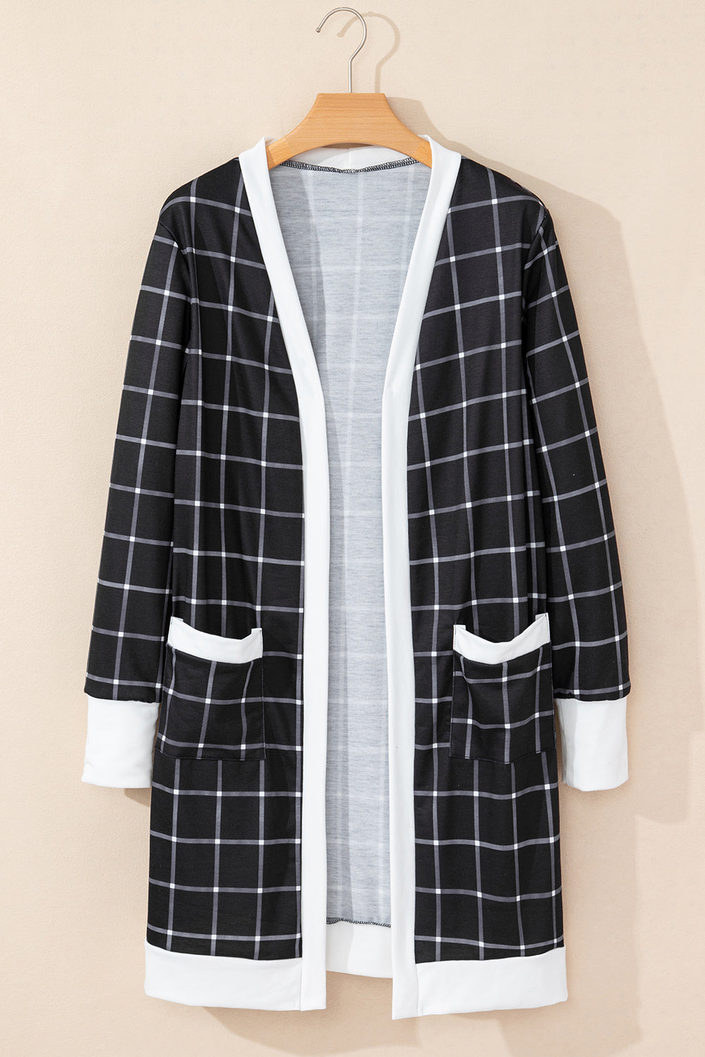 Black Plaid Colorblock Edge Open Cardigan with Pocket #251