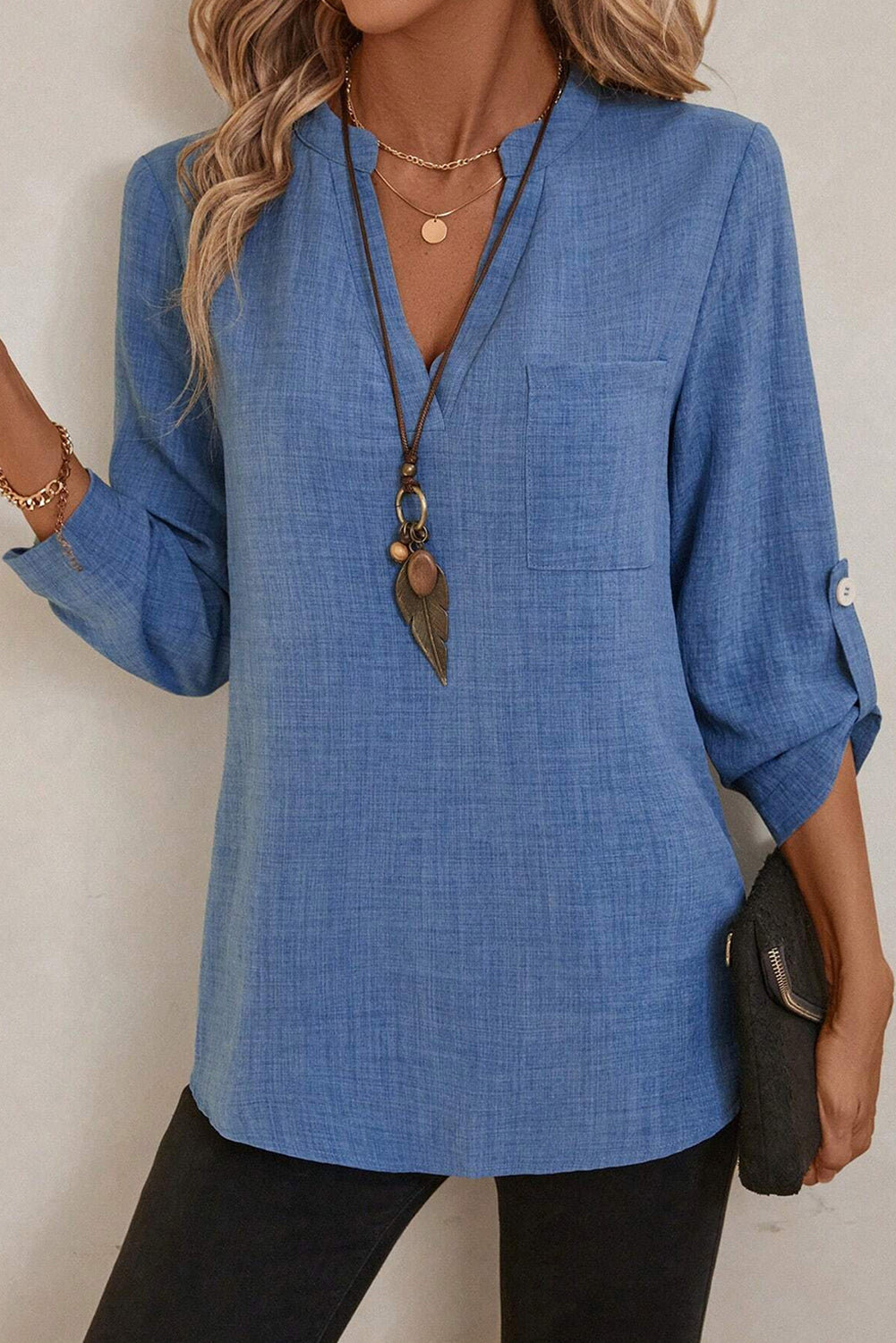 Ashleigh Blue Solid Color Notched V Neck Roll up 3/4 Sleeve Blouse #134
