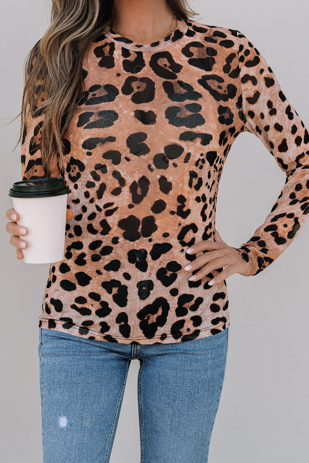 Brown Leopard Round Neck Long Sleeve Slim Top #113