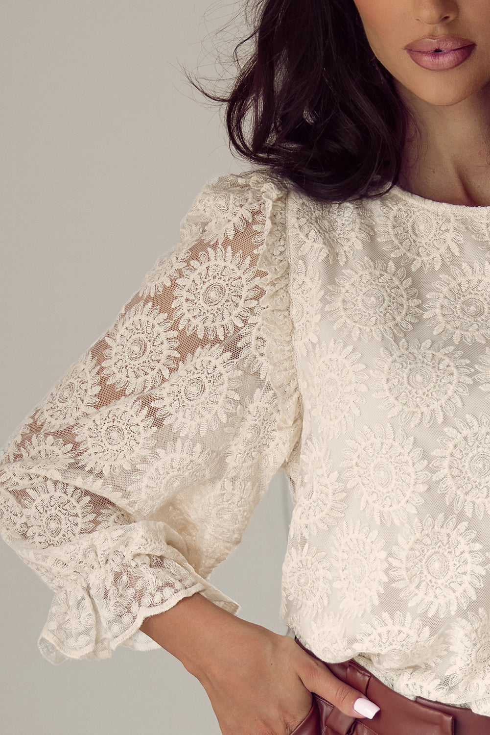 Oatmeal Flower Jacquard Button Back Ruffled 3/4 Sleeve Blouse #250