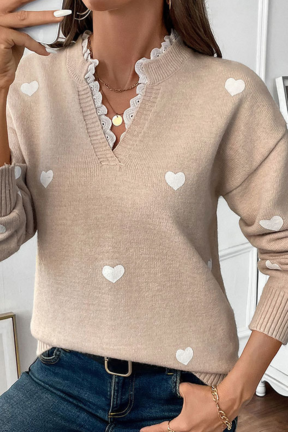 Smoke Gray Heart Print Lace Splicing V Neck Valentines Sweater #19