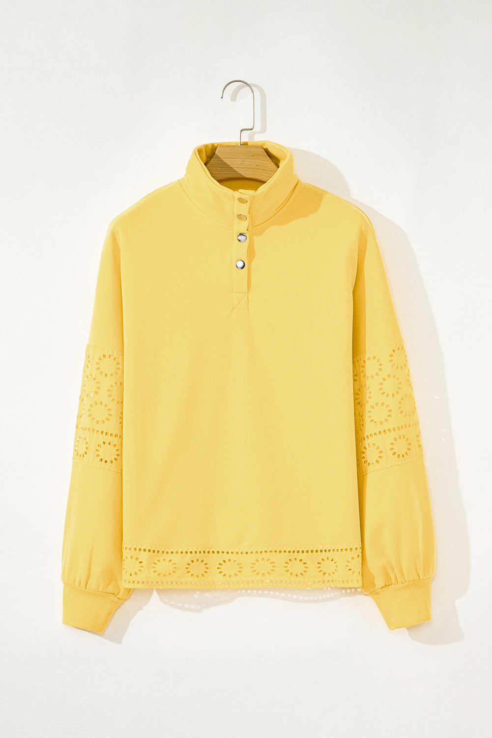 Yellow Cream Embroidered Flower Patchwork Snap Buttons Pullover Sweatshirt #116