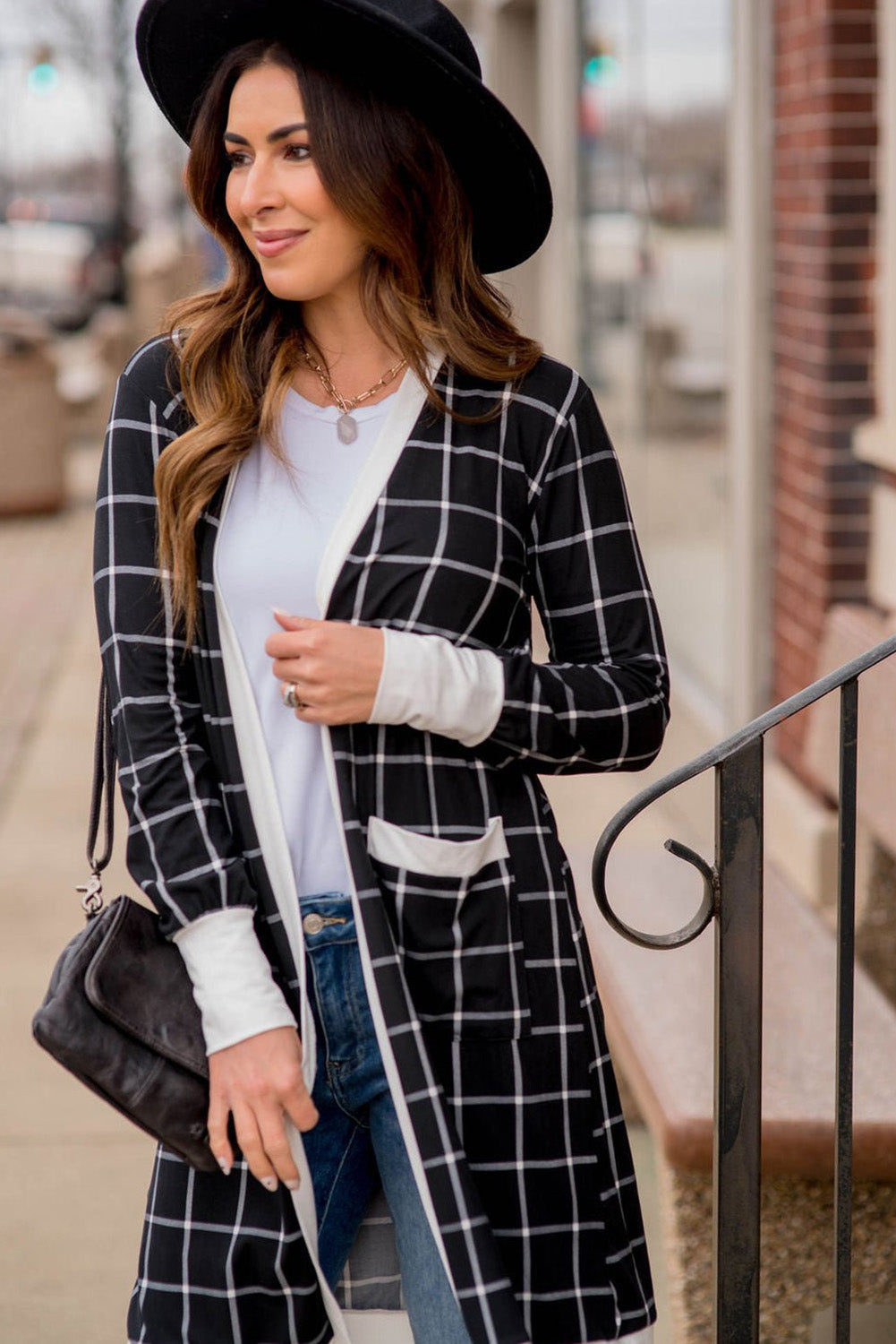 Black Plaid Colorblock Edge Open Cardigan with Pocket #251