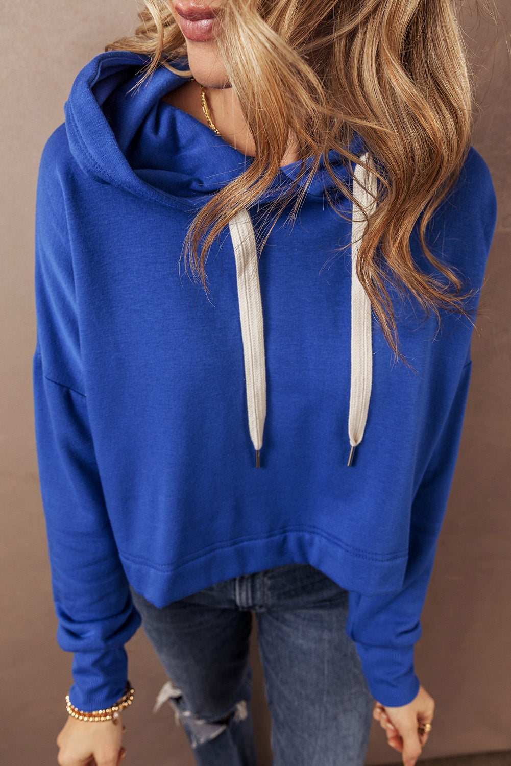 Dark Blue Solid Drop Shoulder Drawstring Cropped Hoodie #105