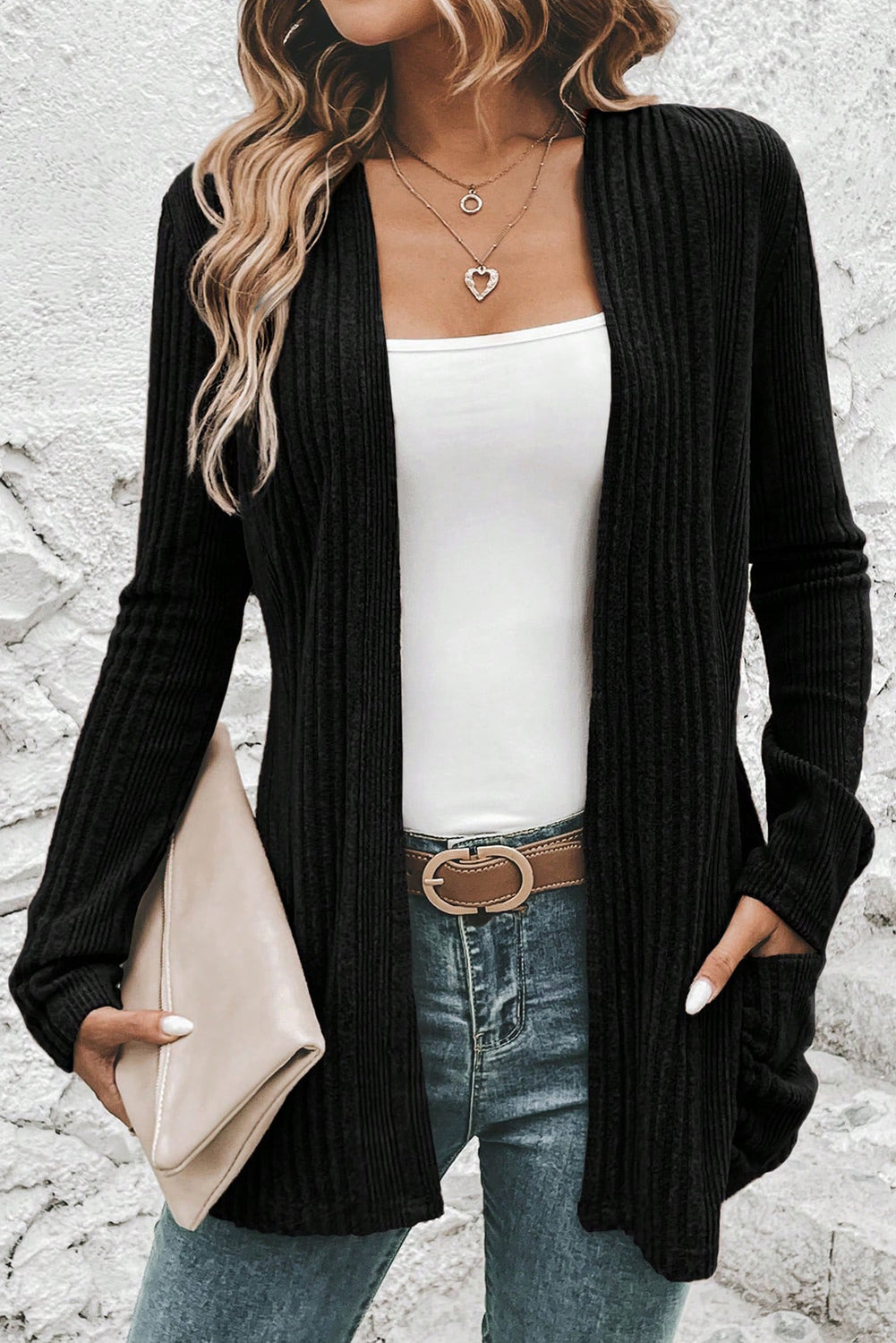 Black Ribbed Open Front Knitted Top with Pockets #133