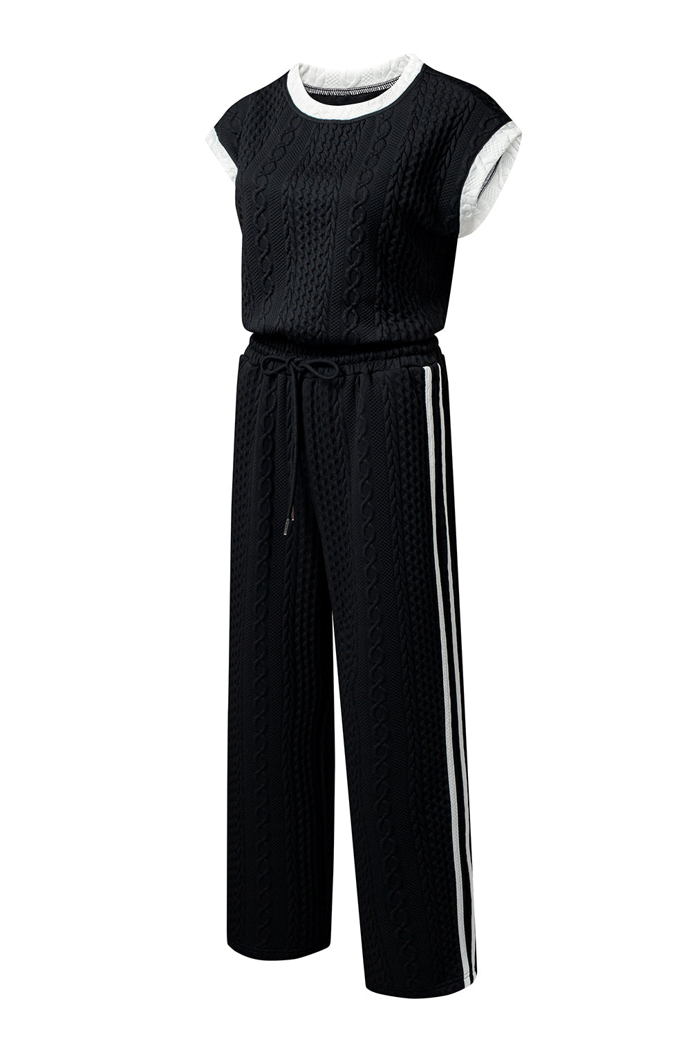 Black Cable Knit Contrast Trim Short Sleeve Top and Pants Set #10