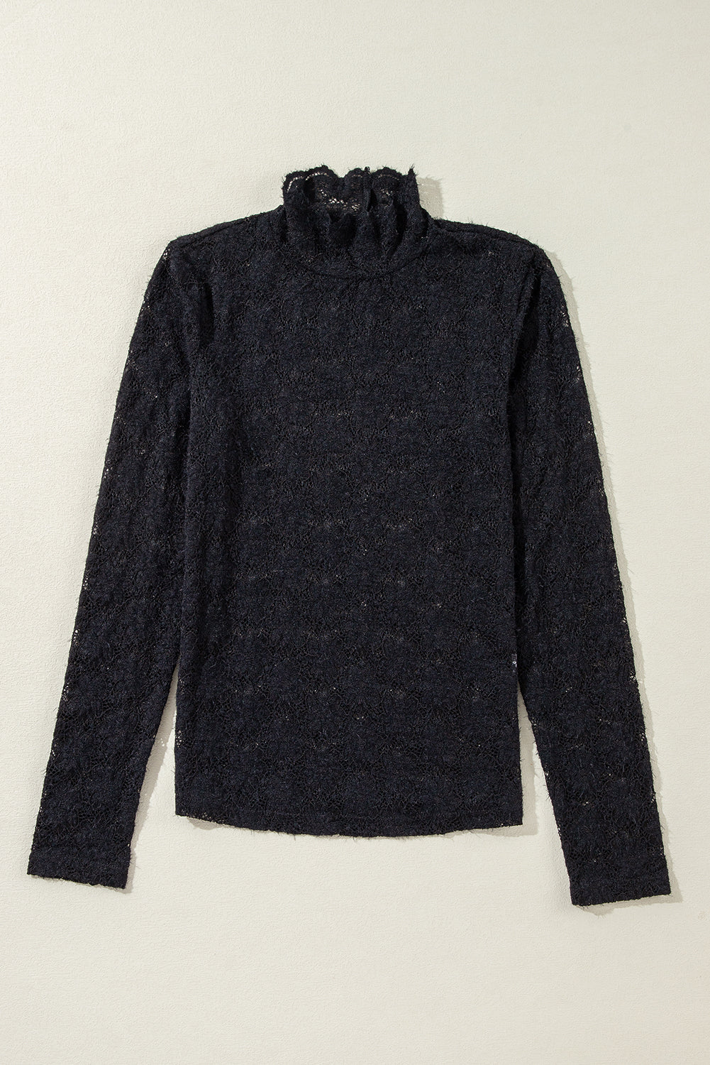 Black Floral Lace High Neck Long Sleeve Top #107