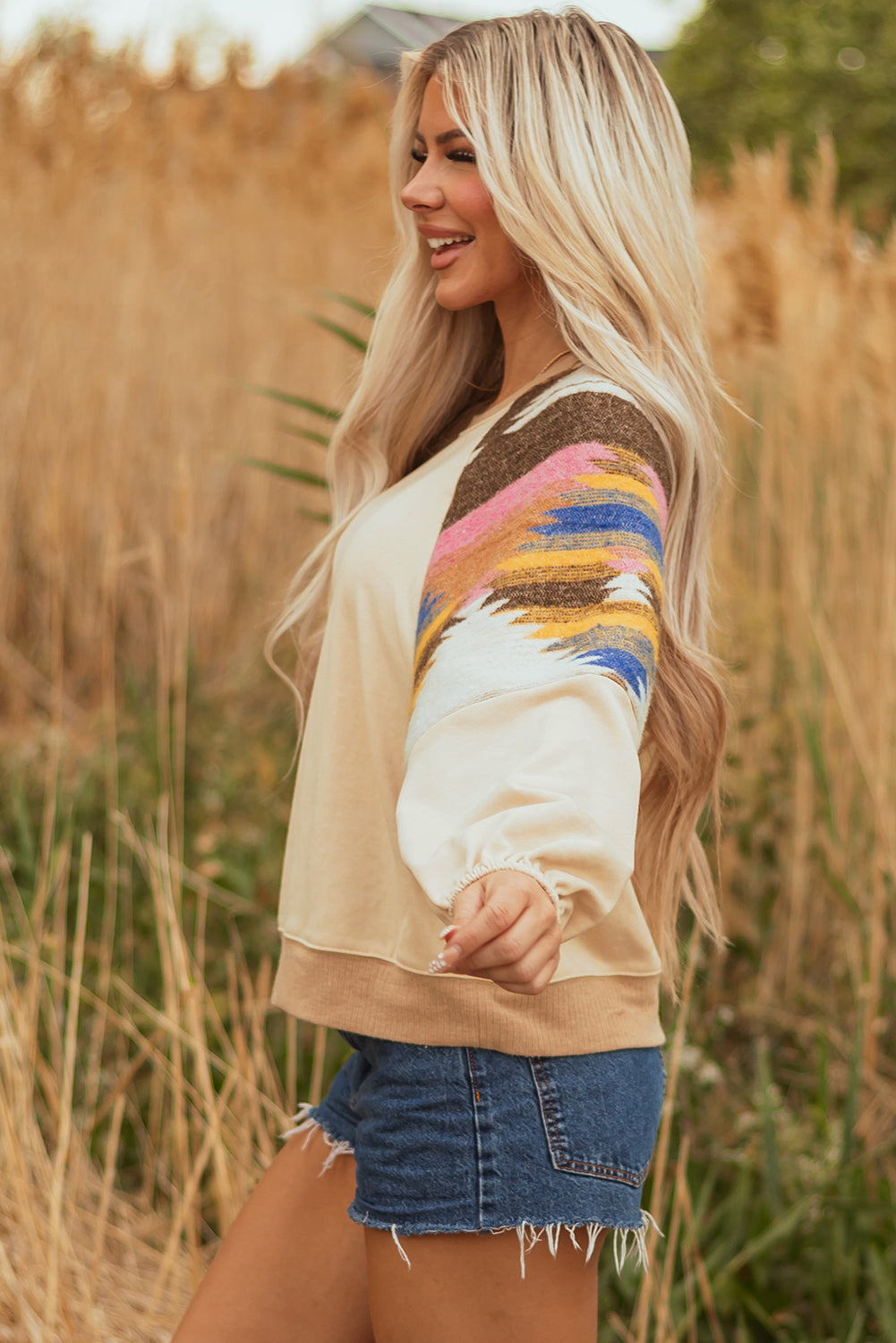 Light French Beige Aztec Patchwork Raglan Pullover Sweatshirt #120