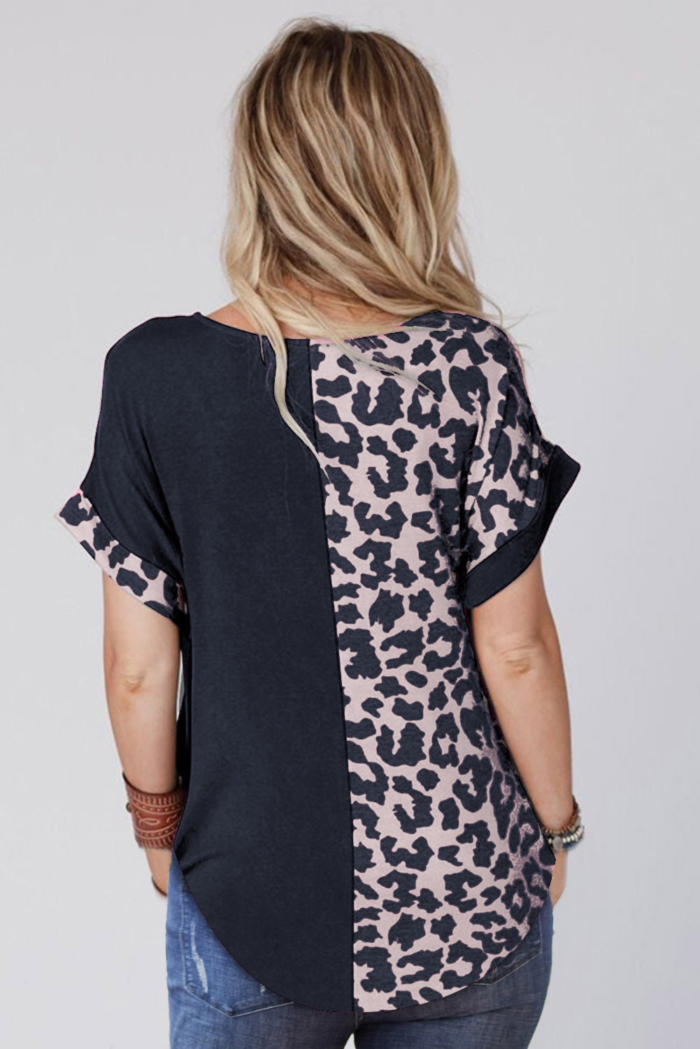Black Half Leopard Patchwork Short Sleeves Top #243