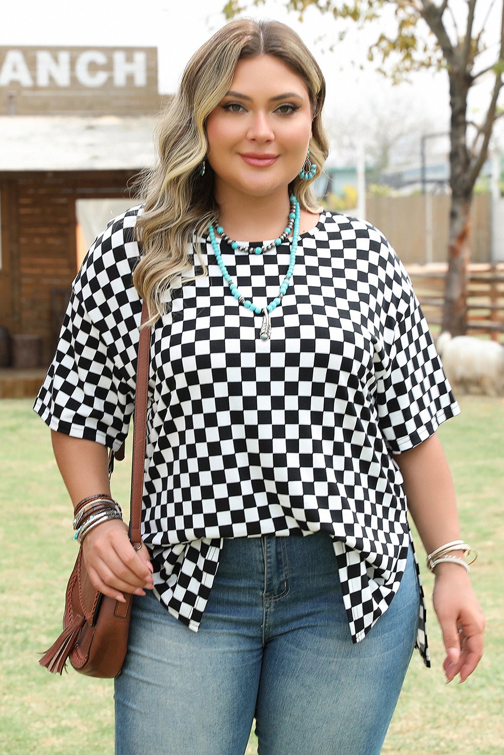 Black Checkered Print Side Slits O Neck Plus Size T Shirt #253