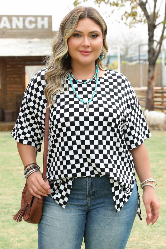 Black Checkered Print Side Slits O Neck Plus Size T Shirt #253