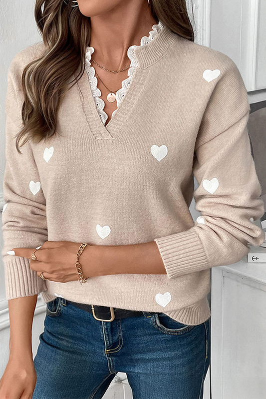 Smoke Gray Heart Print Lace Splicing V Neck Valentines Sweater #19