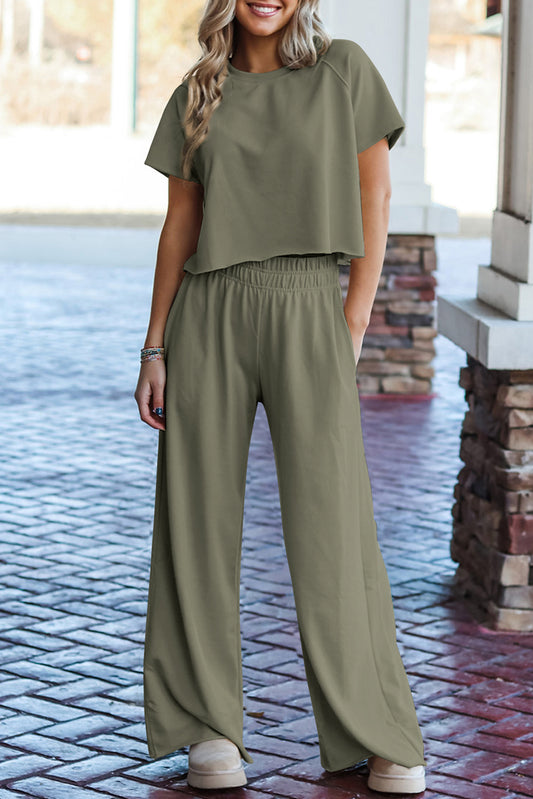 Seagrass Raw Hem Loose Tee and Wide Leg Pants Set #6
