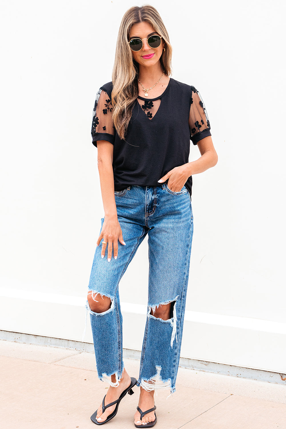 Black Flora Lace Patchwork Crew Neck T Shirt 260