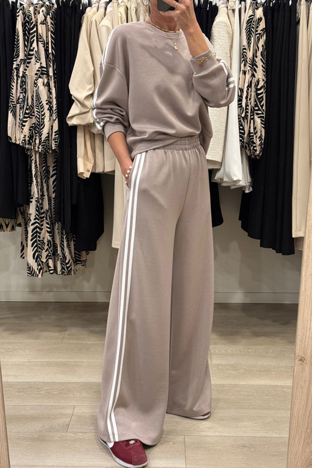 Gray Morn Varsity Striped Detail Crewneck Pullover Elastic Sweatpants 2pcs Outfit #131