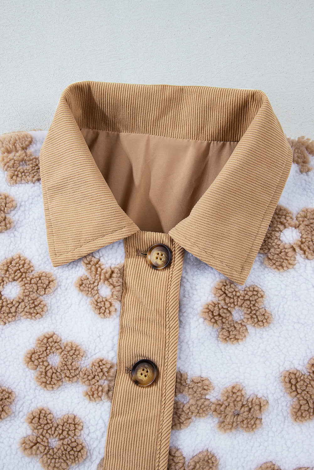 Light French Beige Cute Flower Pattern Button Up Fleece Jacket #110